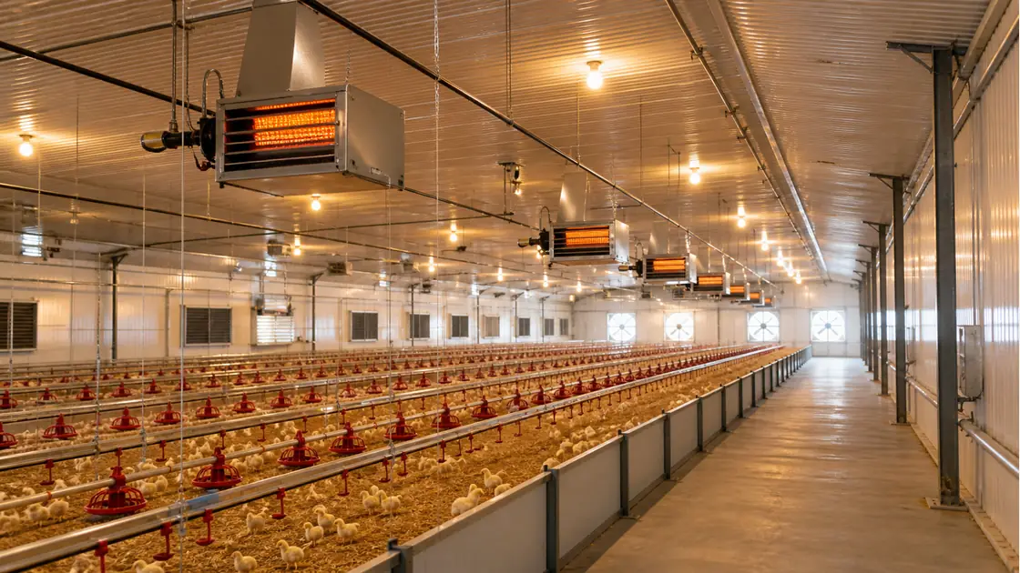 Agricultural poultry building with overhead heaters