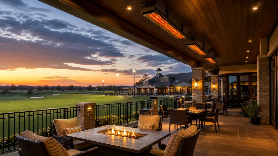 Golf clubhouse terrace with outdoor heaters