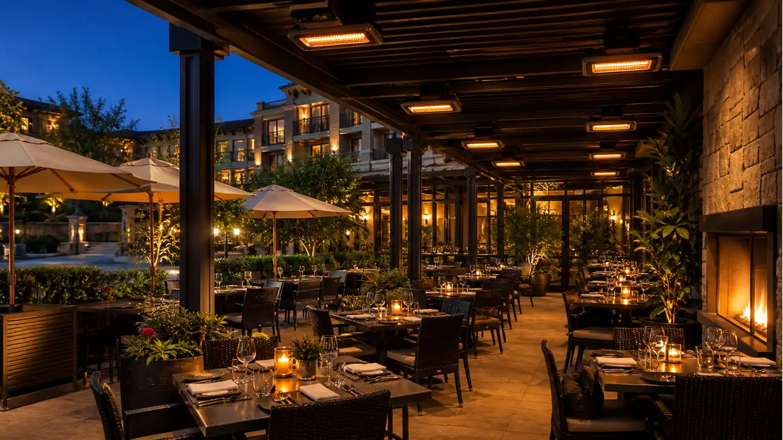 Outdoor restaurant patio with overhead radiant heaters